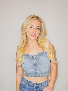 Sparkle Light Blue Denim Strapless Crop Top